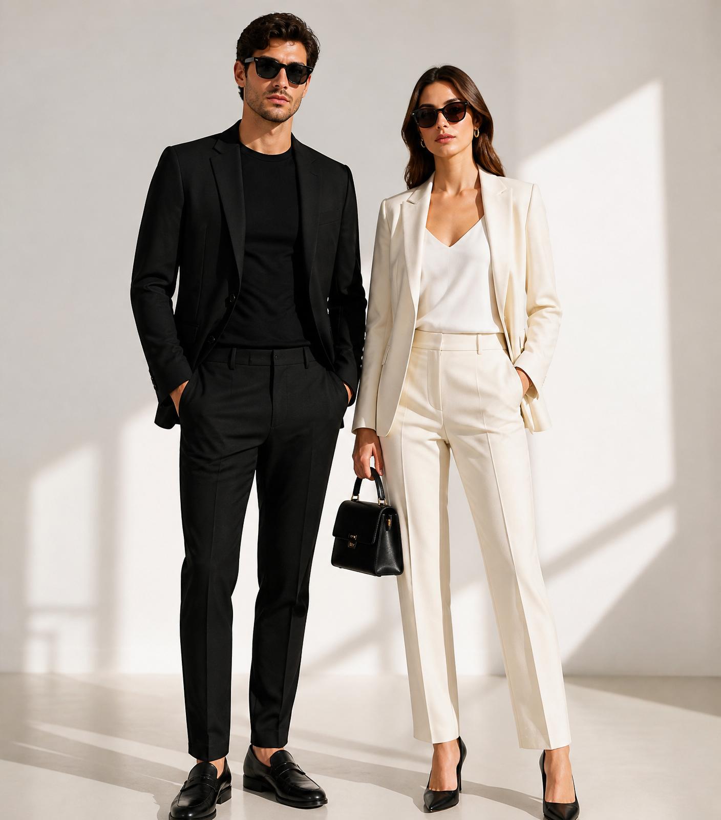 A man and woman in tailored black and cream looks